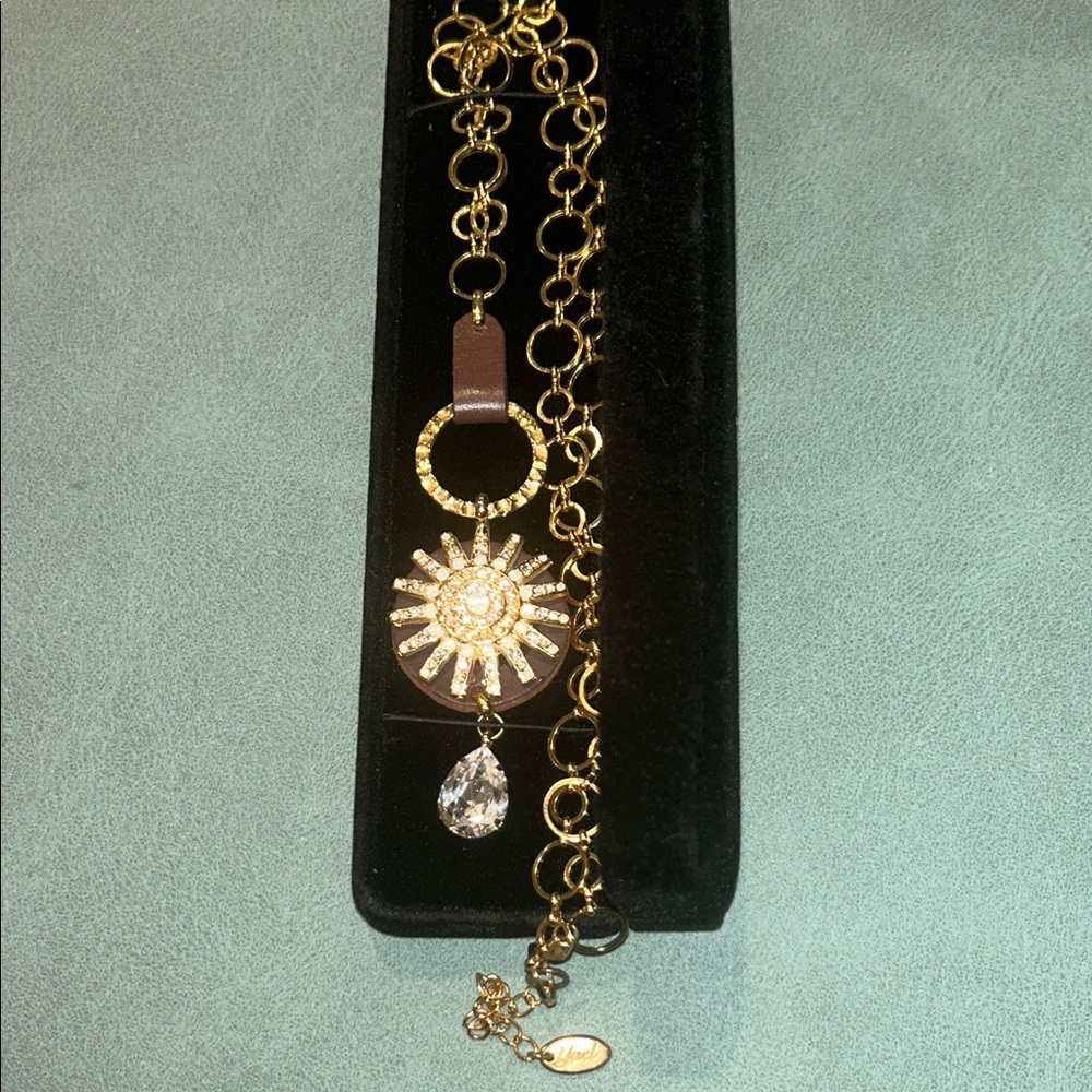 Custom Gold and Brown Sunburst with leather and large stone accents Necklace